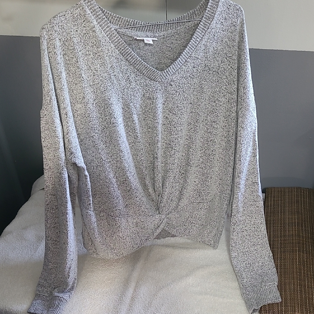 Gray V-Neck Twist Front Sweater